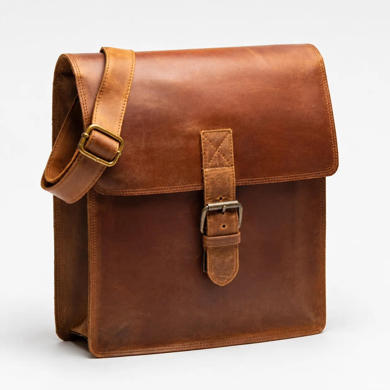 Brown Messenger Bag with Multi-Compartment Front & Buckle Flap