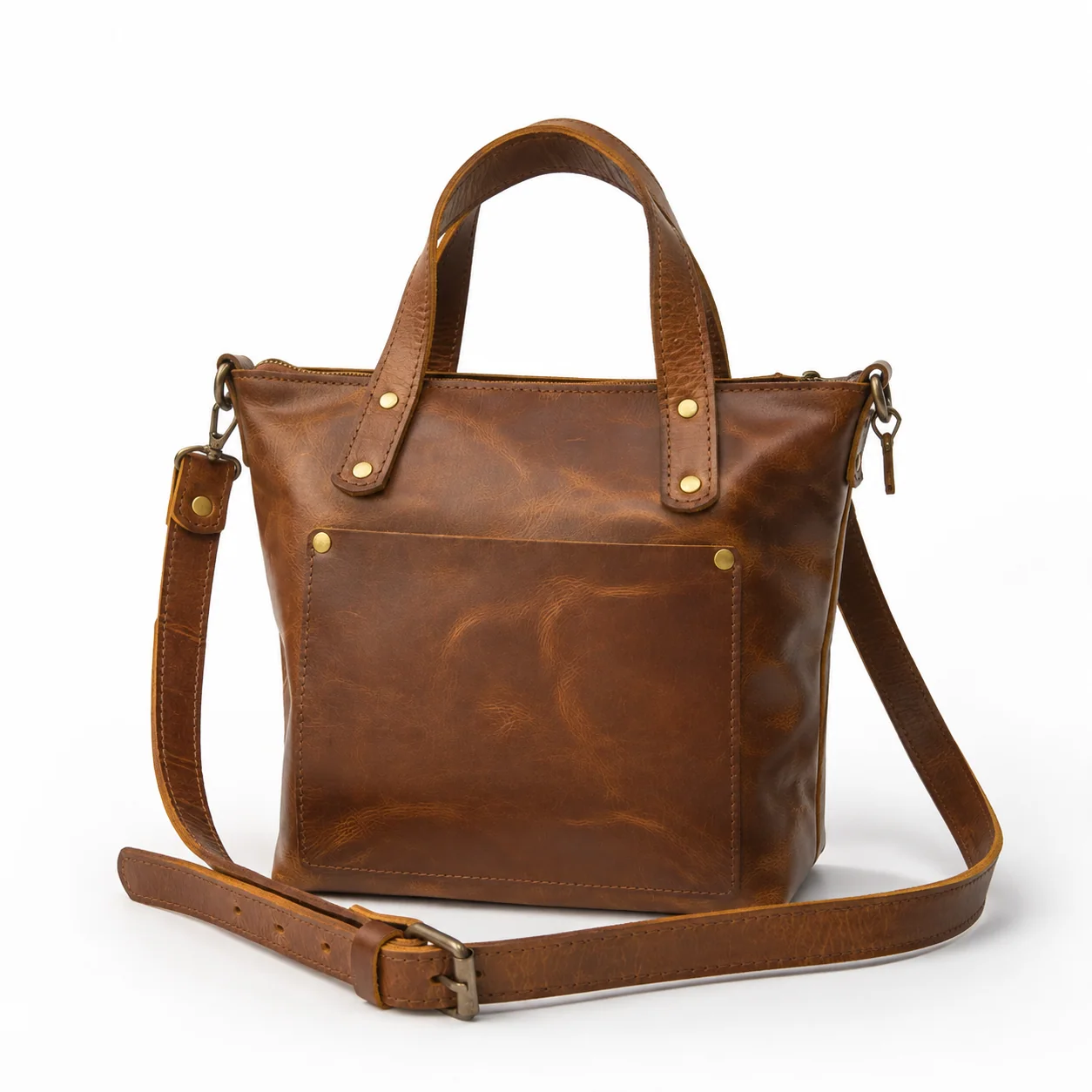 Brown Tote Bag with Shoulder Strap & Front Pocket