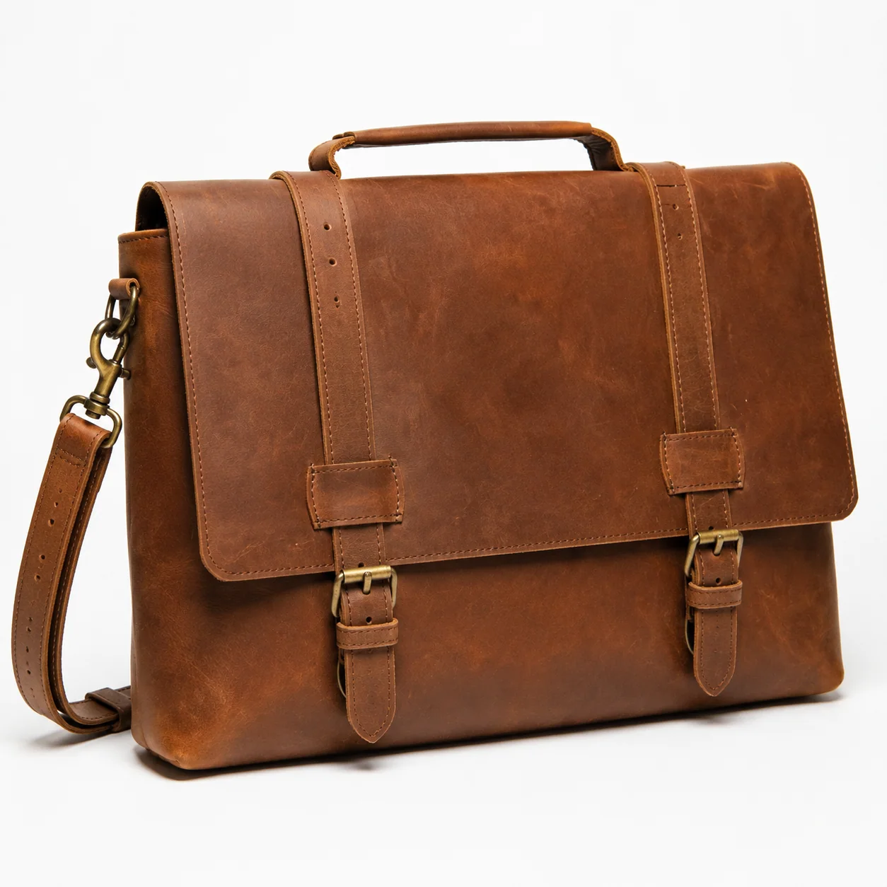 Vintage Brown Briefcase Messenger Bag with Double Buckle Flap & Shoulder Strap