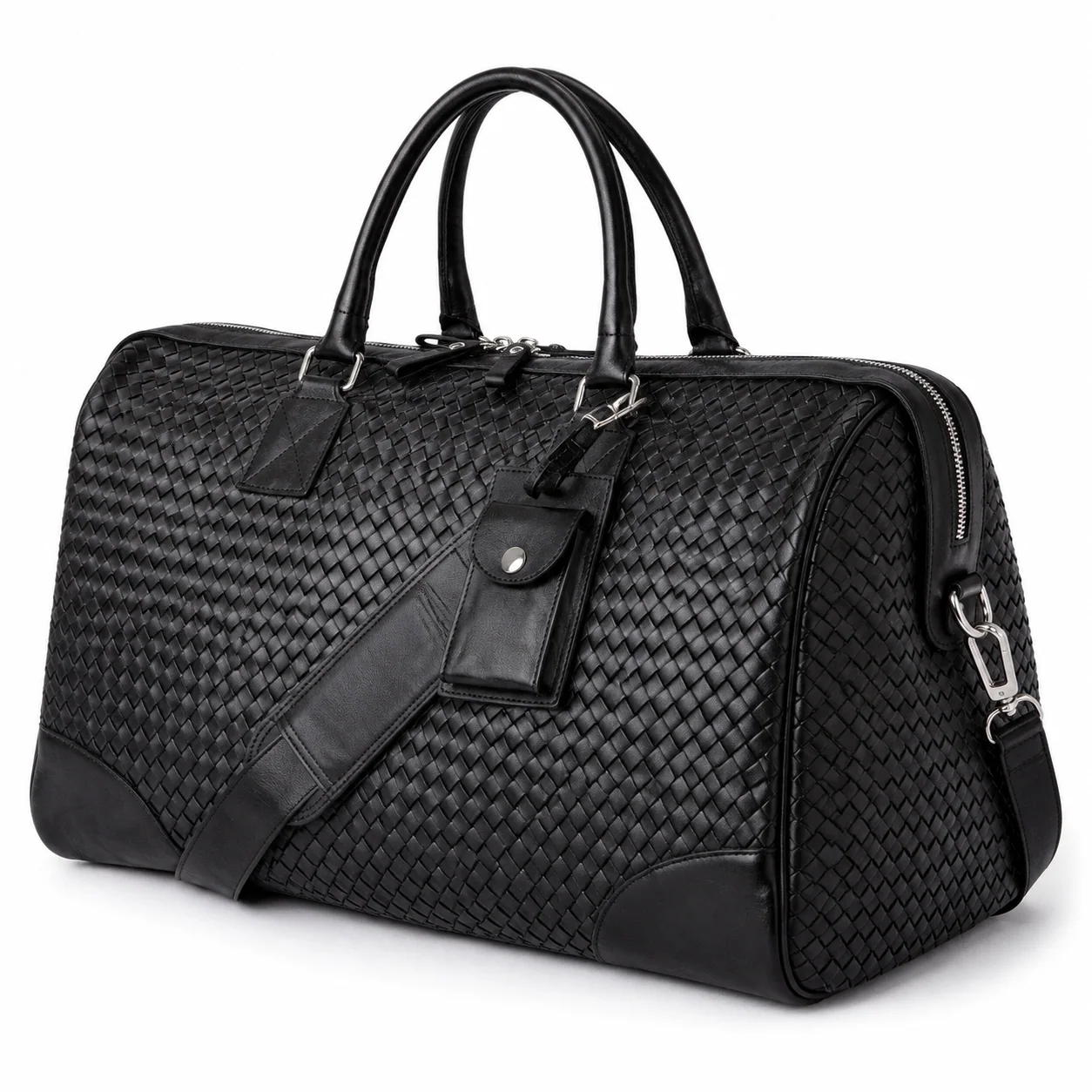 Black Woven Leather Duffle Bag with Detachable Shoulder Strap & Red Interior