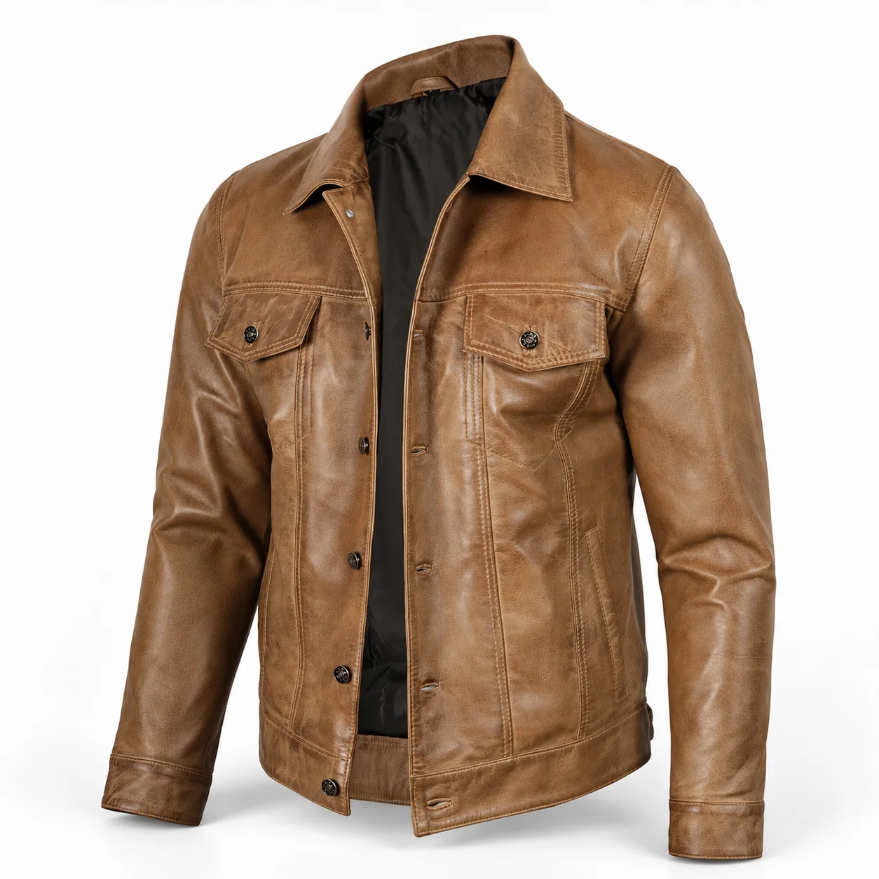 Men's Camel Brown Leather Trucker Jacket