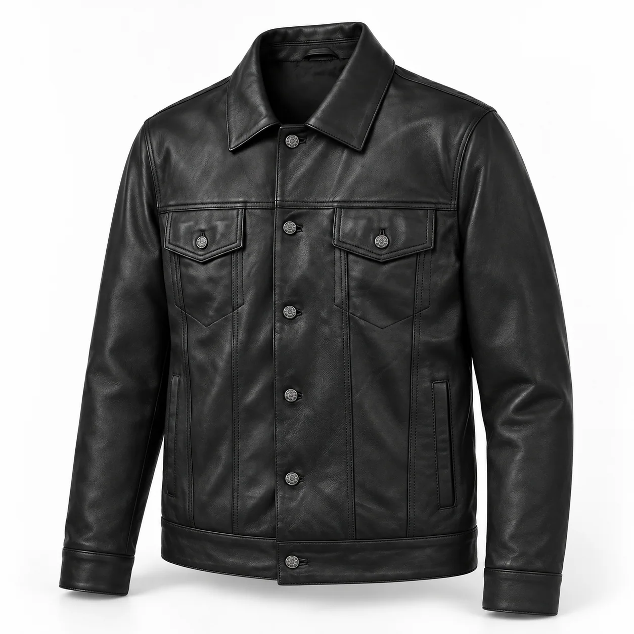 Men's Black Leather Trucker Jacket