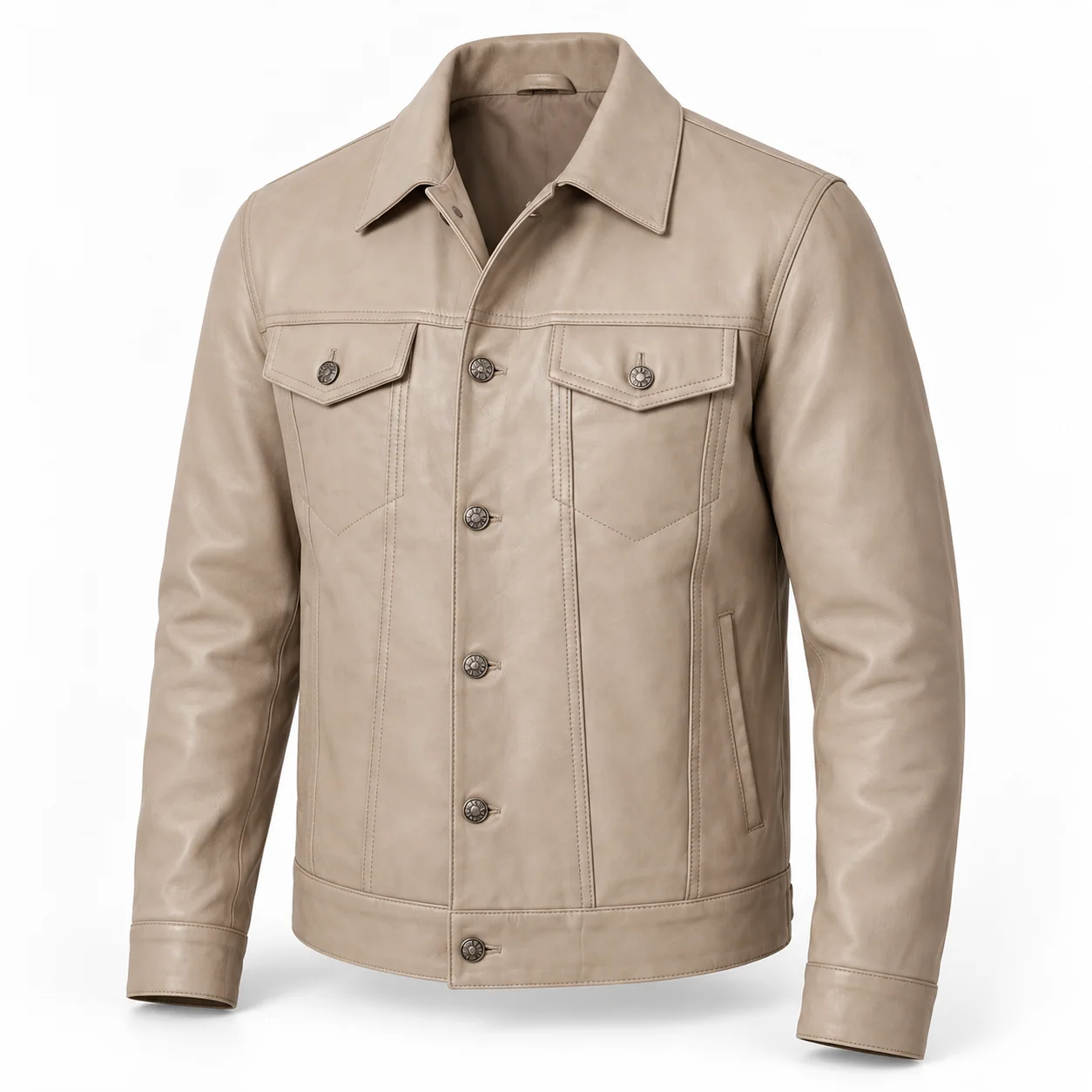 Men's Beige Leather Trucker Jacket