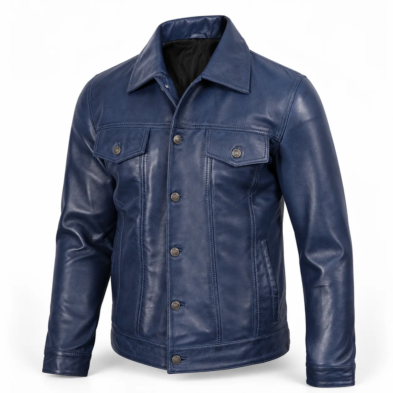 Men's Blue Leather Trucker Jacket