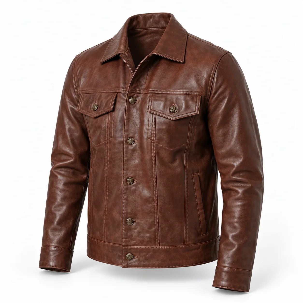 Men's Cognac Wax-Finish Leather Trucker Jacket