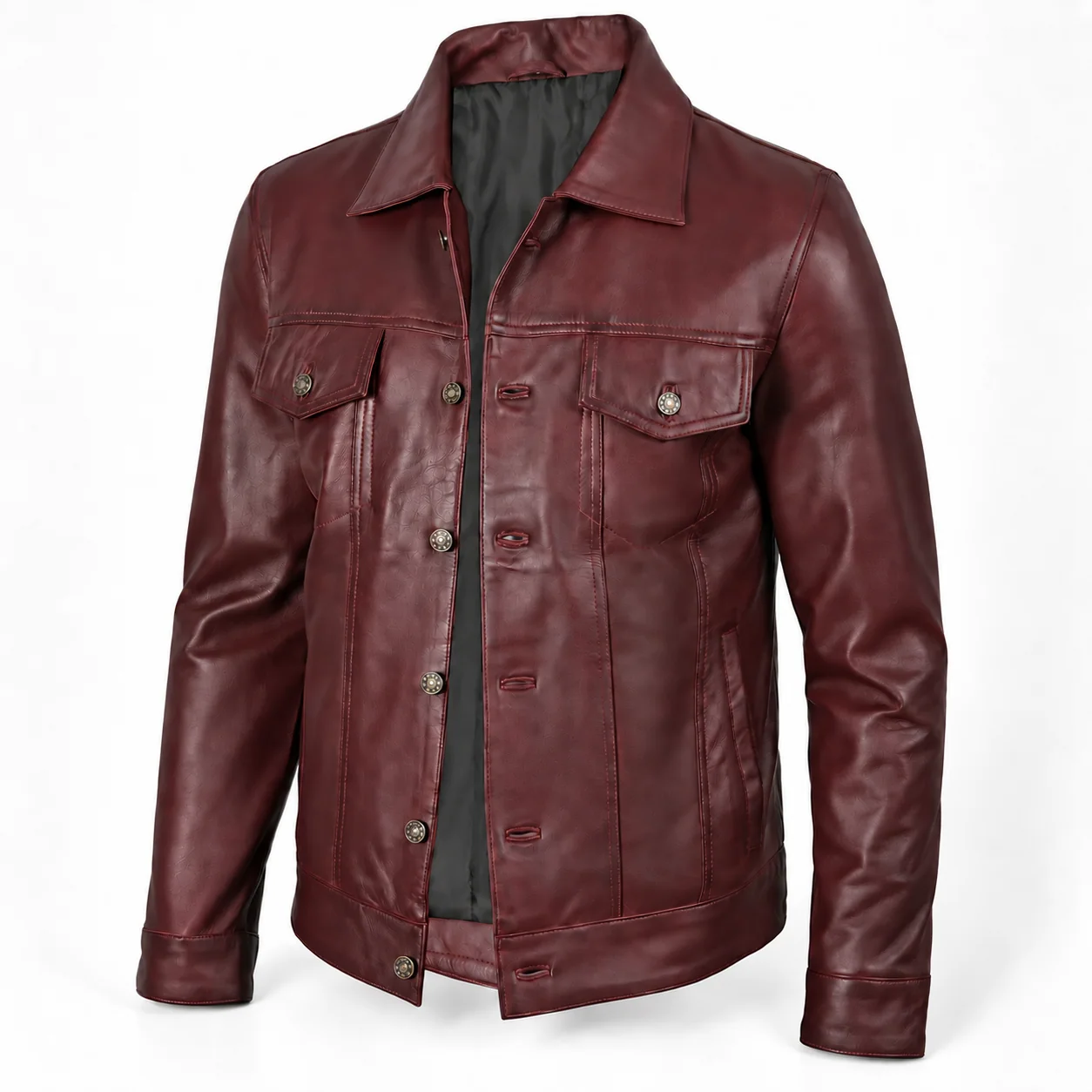 Men's Burgundy Leather Trucker Jacket