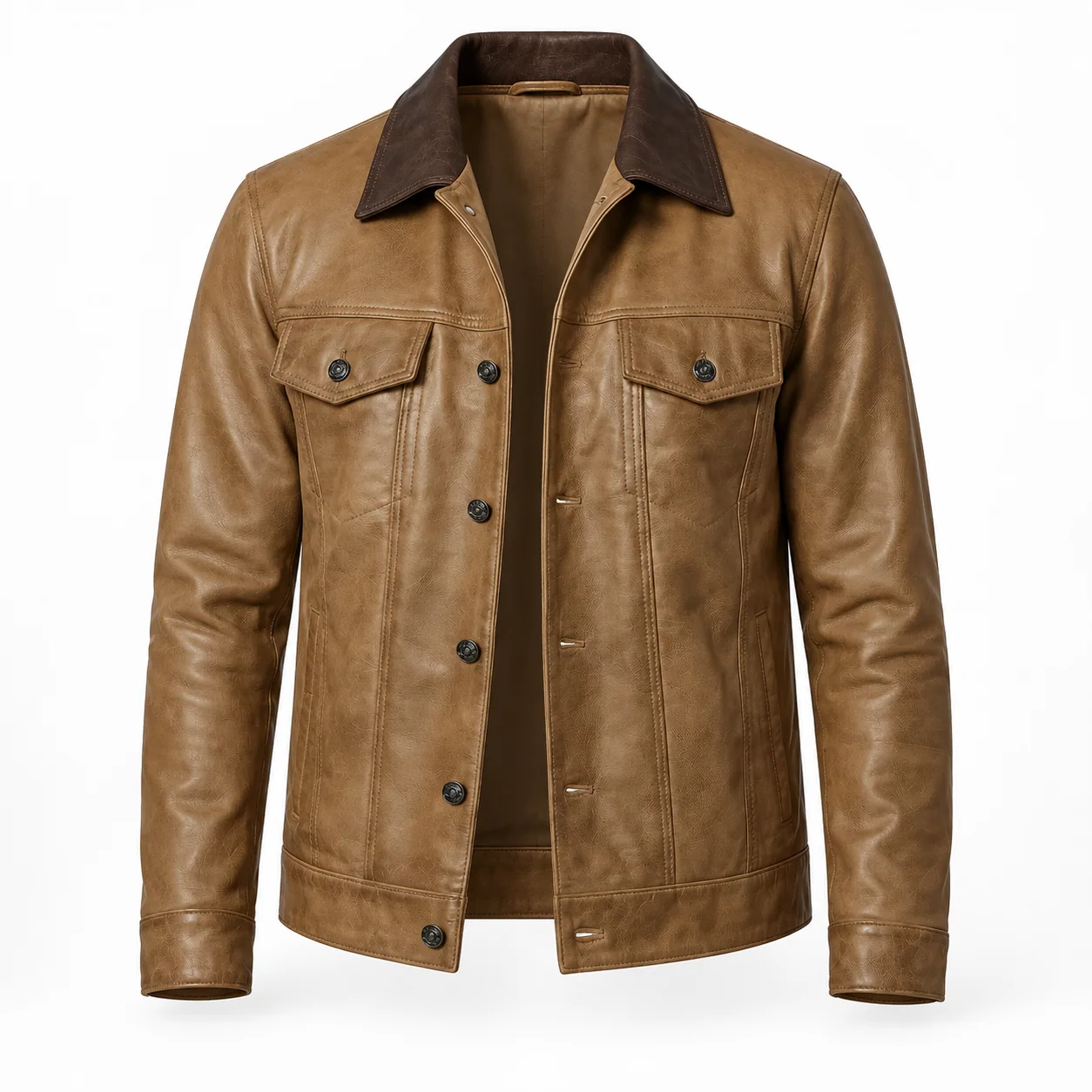 Men's Camel Leather Trucker Jacket with Dark Brown Collar