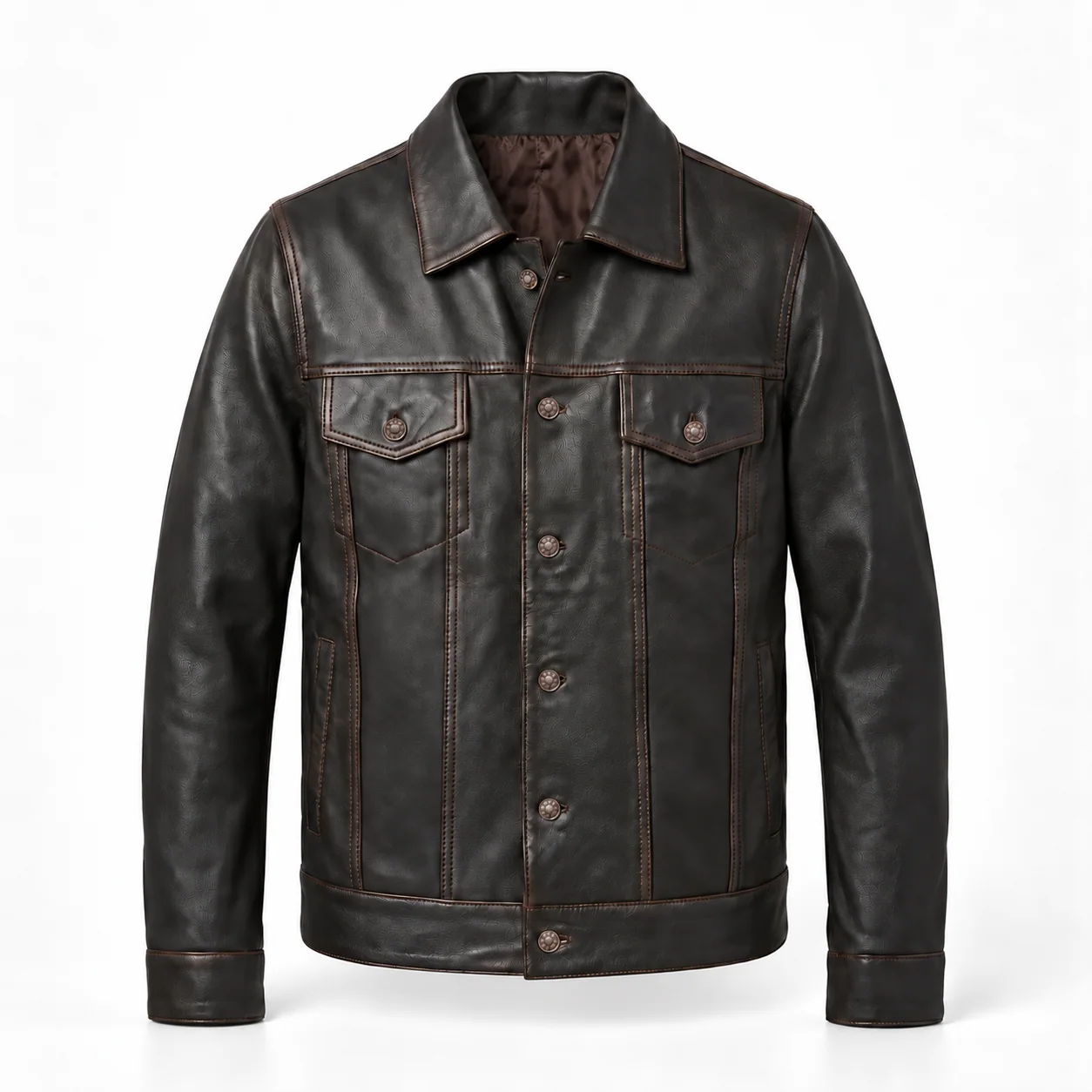 Men's Dark Brown Leather Trucker Jacket