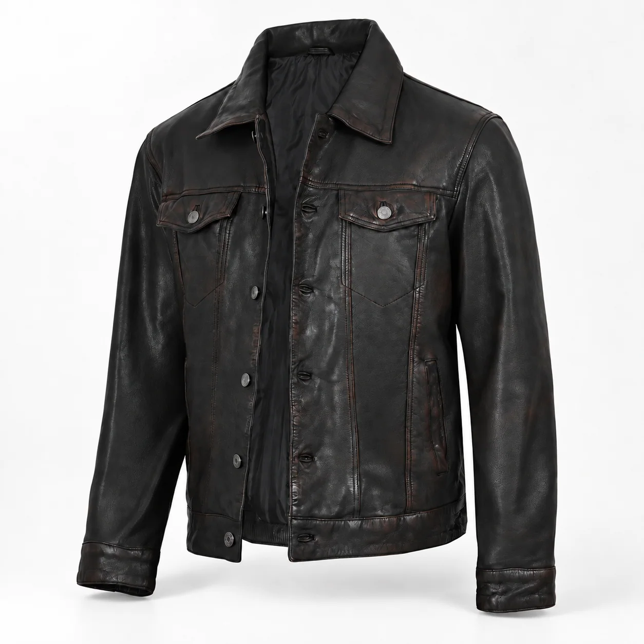 Men's Maroon Black-Washed Leather Trucker Jacket