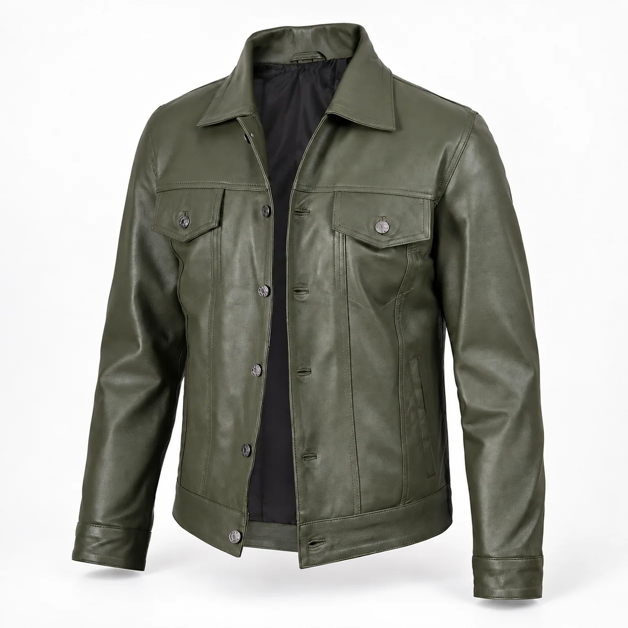 Men's Olive Green Leather Trucker Jacket