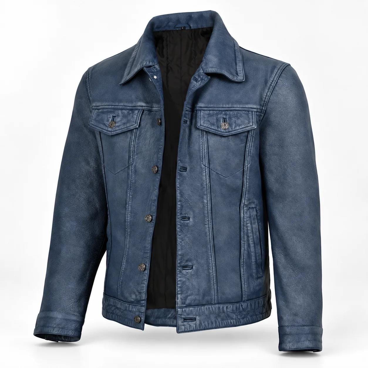 Men's Washed Blue Leather Trucker Jacket