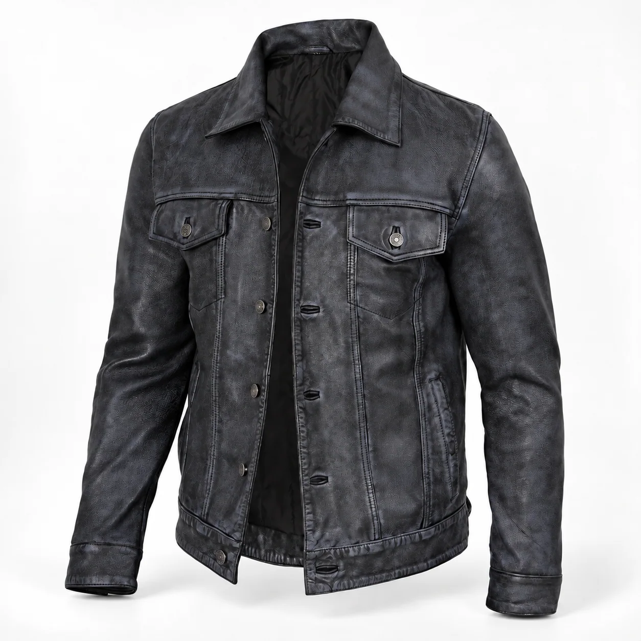 Men's Distressed Black Leather Trucker Jacket