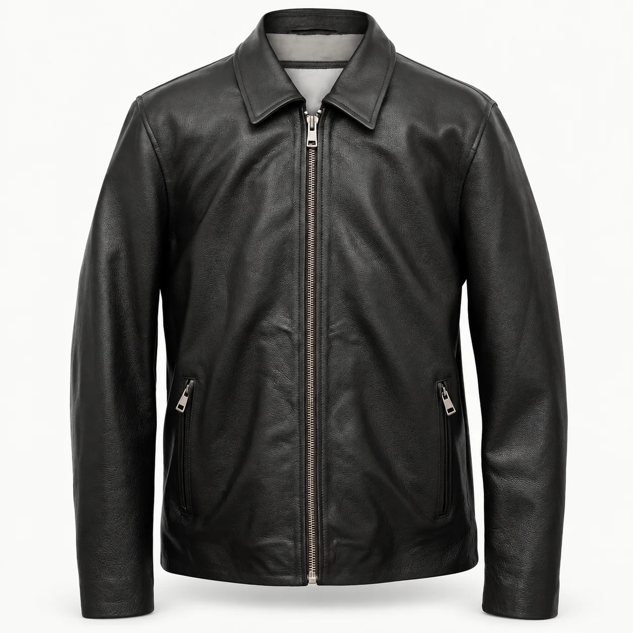 Black Leather Zip-Front Shirt-Collar Jacket