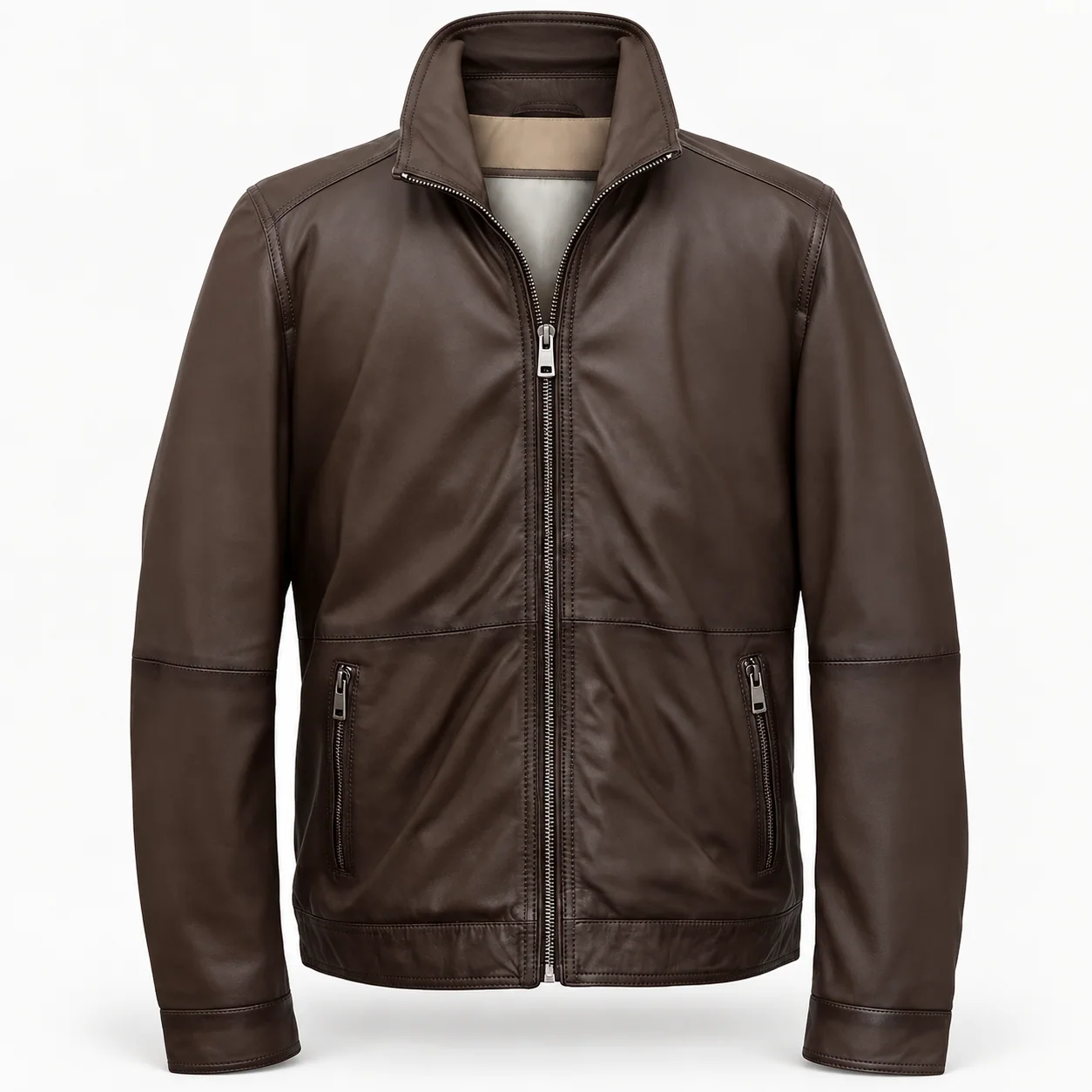 Dark Brown Leather Stand-Collar Zip Jacket