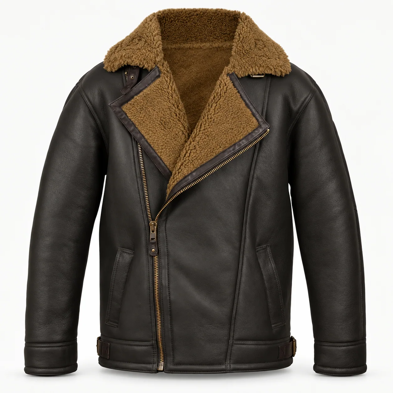 Dark Brown Leather Biker Jacket with Tan Fleece Collar