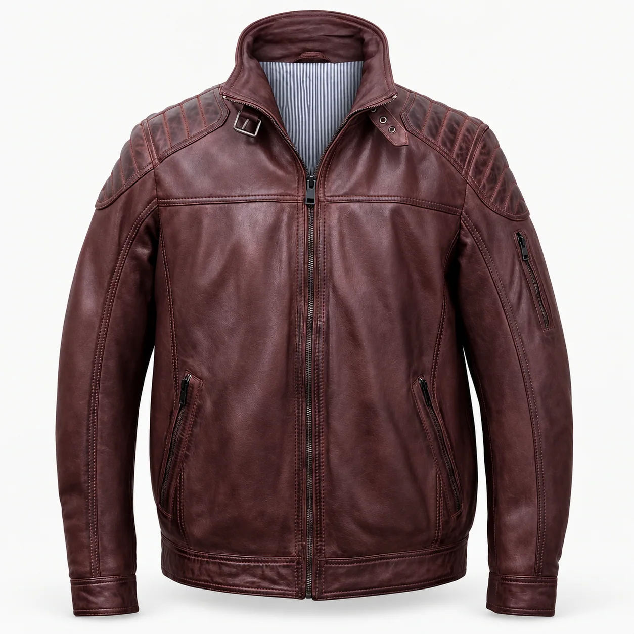 Burgundy Leather Quilted-Shoulder Zip Jacket