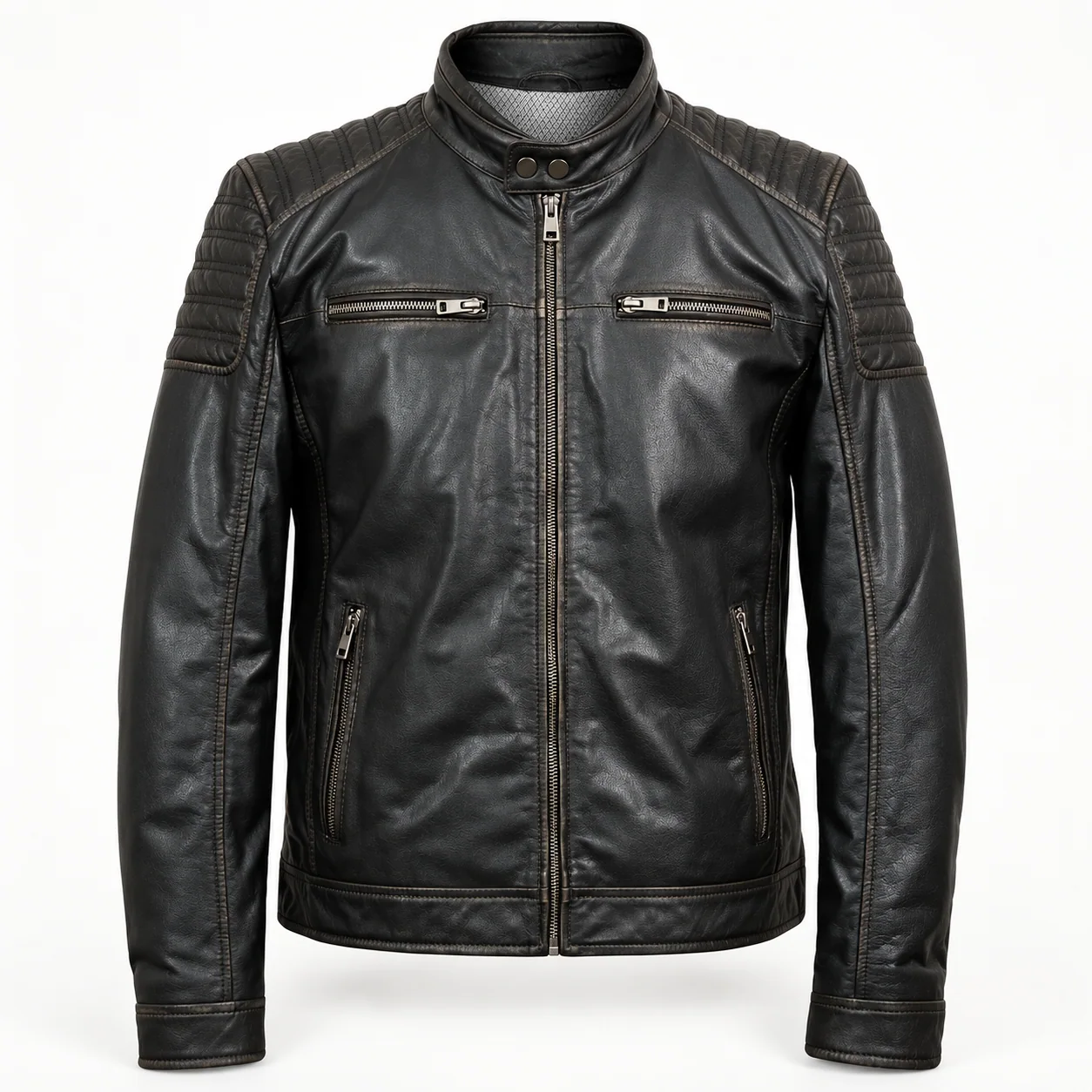Distressed Black Leather Cafe Racer Jacket