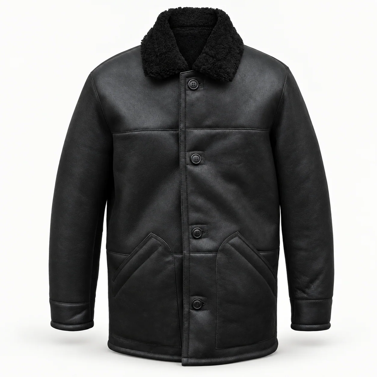 Black Leather Button-Front Fleece-Collar Jacket
