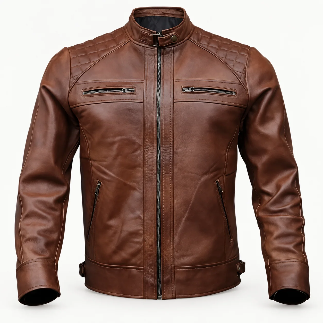 Cognac Leather Quilted-Shoulder Cafe Racer Jacket