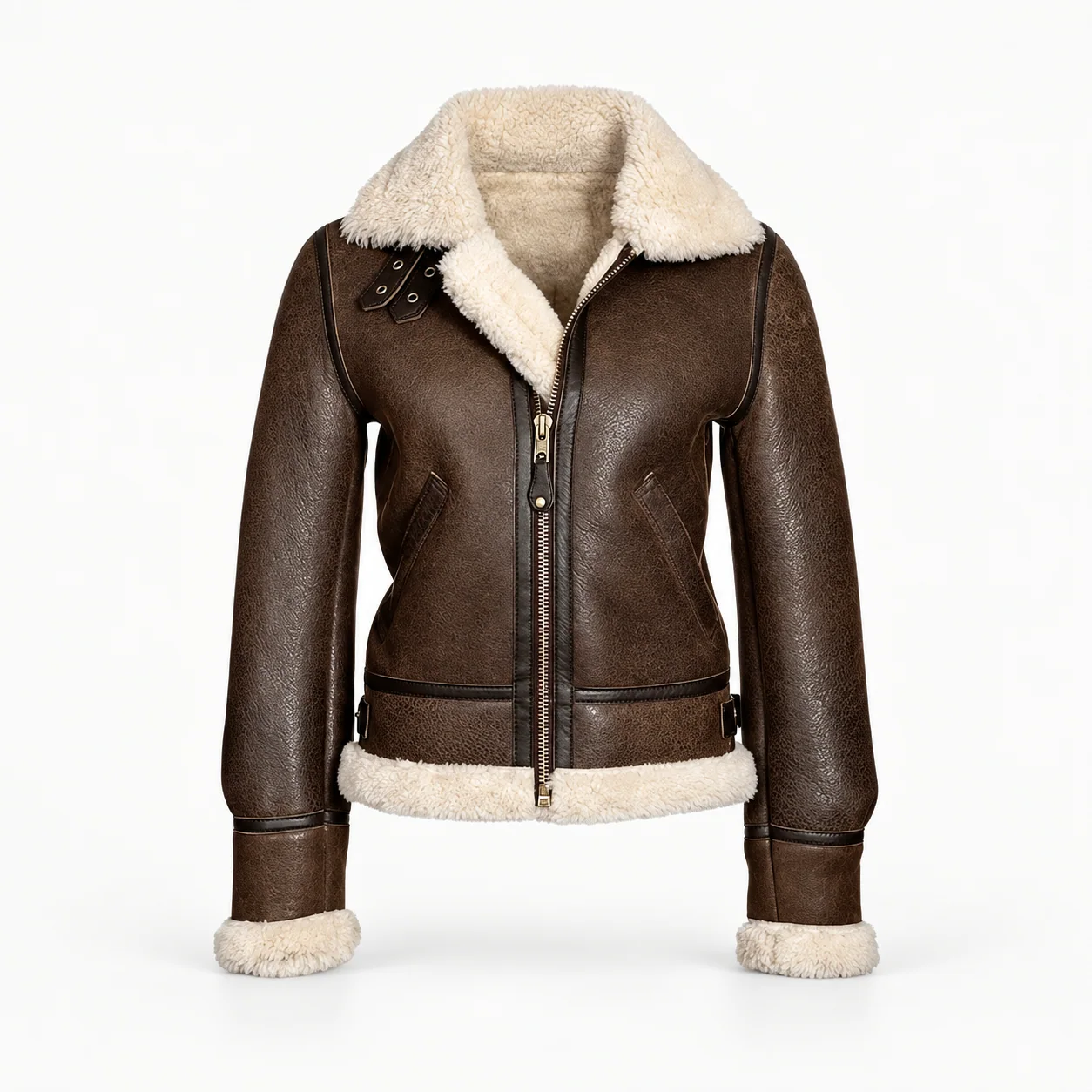Brown Leather Aviator Jacket with Cream Fleece Trim