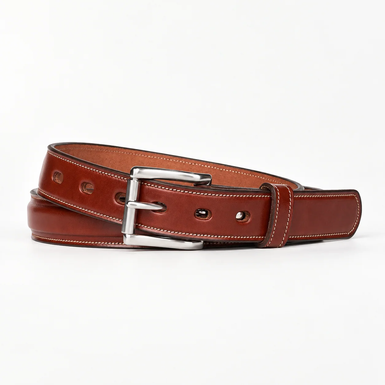 Cognac Raised-Profile Leather Dress Belt