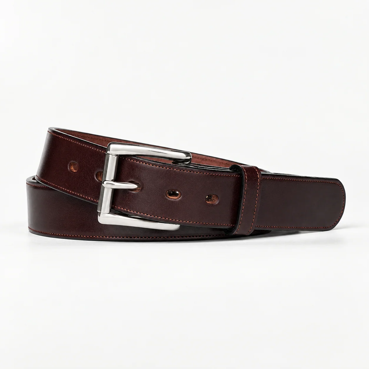 Dark Brown Leather Casual Belt with Silver-Tone Buckle