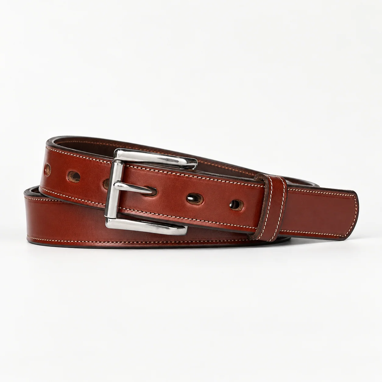 Chestnut Leather Dress Belt with Contrast Stitching