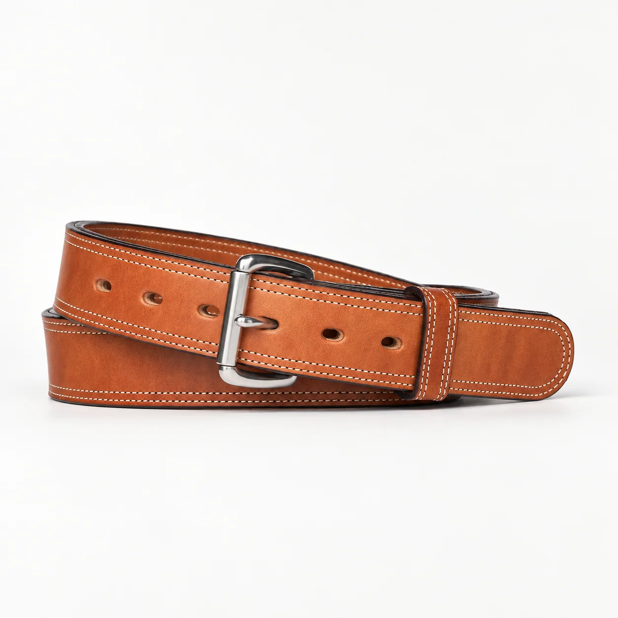 Tan Leather Work-Style Belt with Double-Row Stitching