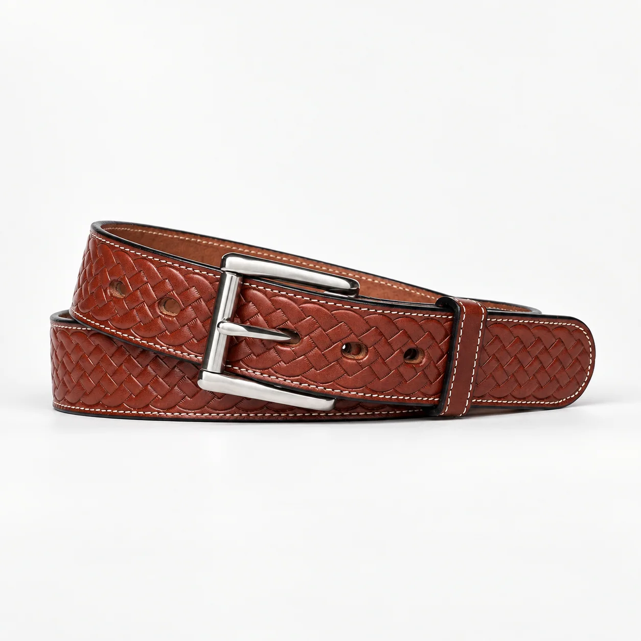 Cognac Basketweave-Embossed Leather Western Belt