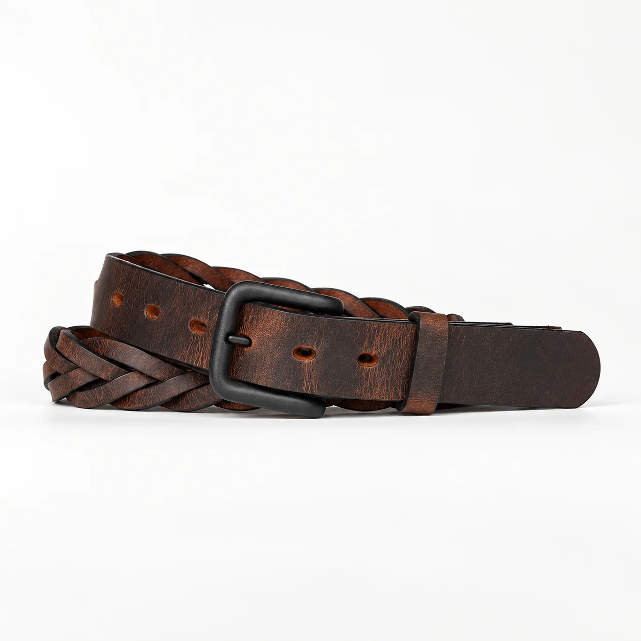 Dark Brown Braided Leather Belt with Black Buckle