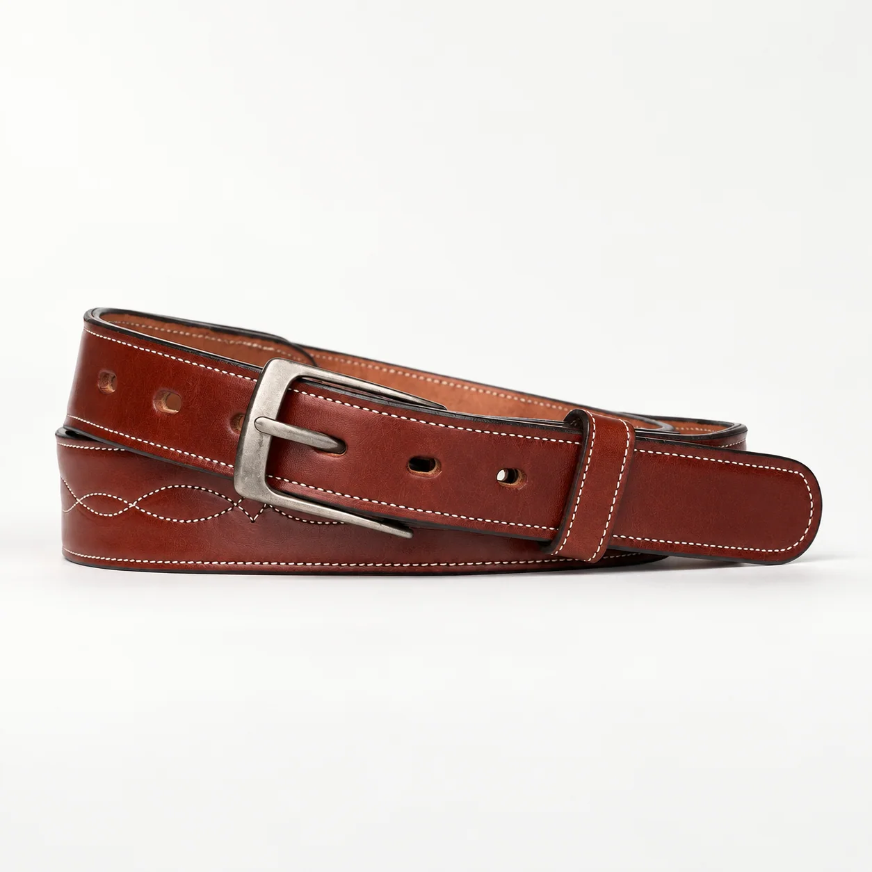 Cognac Tapered Leather Western Belt with Decorative Stitching