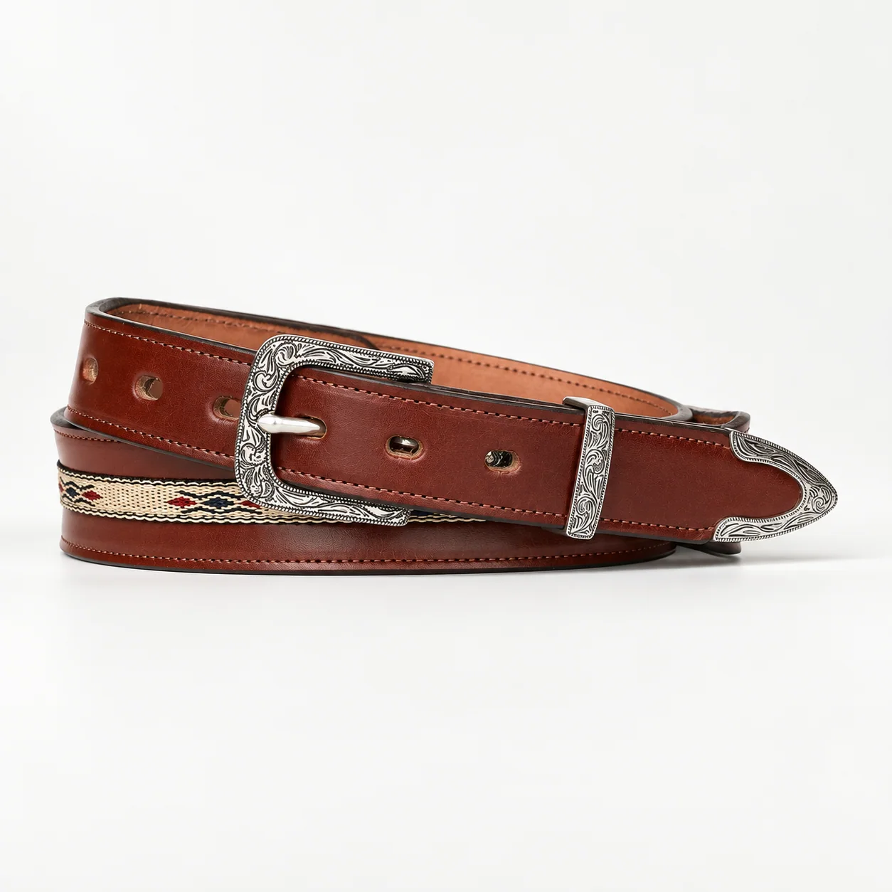 Cognac Western Leather Belt with Woven Inlay and Engraved Buckle