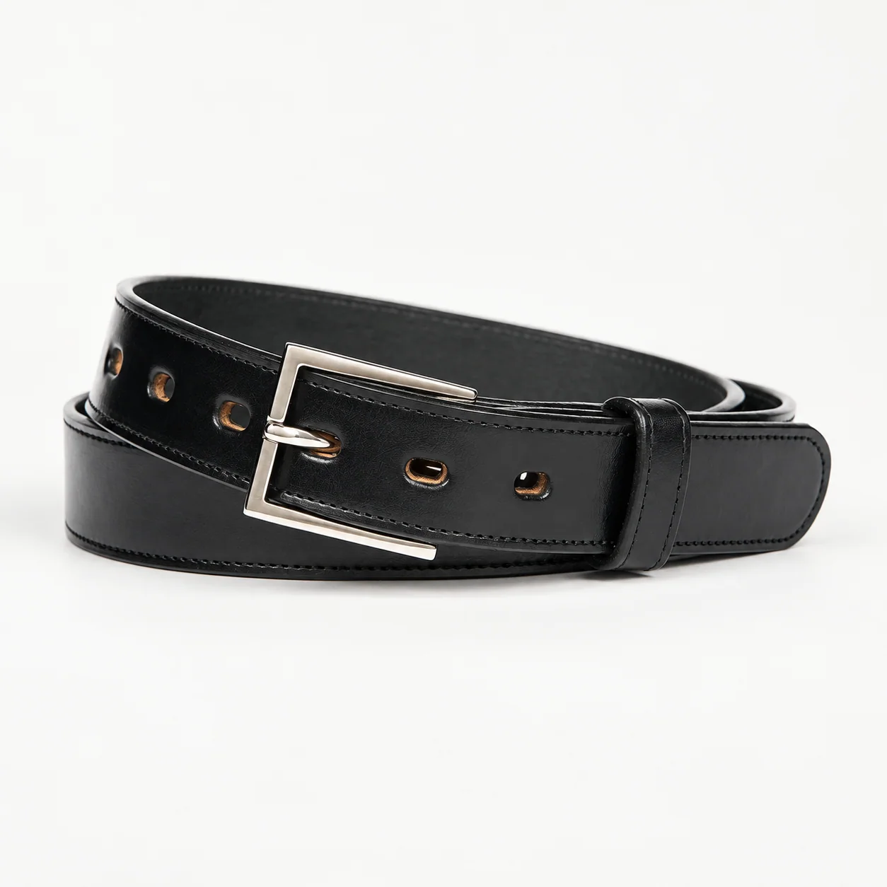 Black Leather Dress Belt with Rectangular Buckle